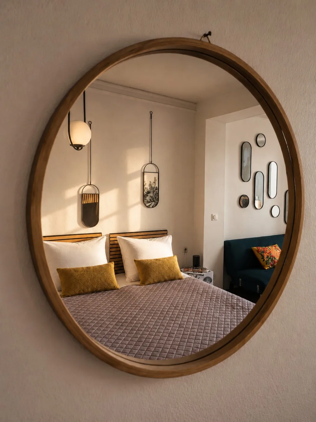 Chambre double avec miroir rond et linge de lit moutarde à Rooms Home CSM, Charly-sur-Marne