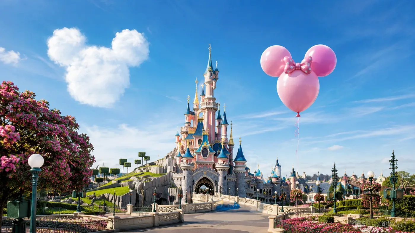 Disneyland Paris près de Rooms Home CSM avec ballon rose et nuage en forme d’oreilles dans le ciel