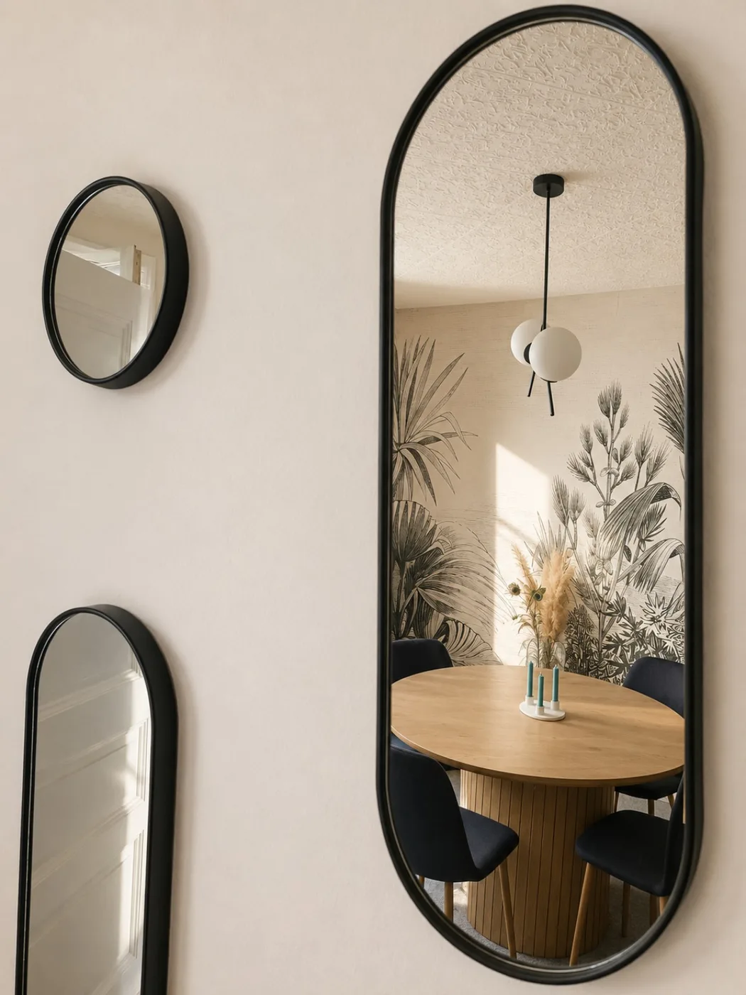 Miroirs décoratifs et salle à manger avec papier peint tropical à Rooms Home CSM